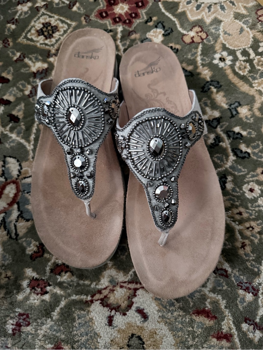 Dansko Taupe Suede Thong Sandals with Gunmetal Beading Euro size 41, US 10